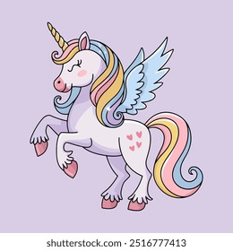 Cute Baby Unicorn Cartoon Vector Icon Illustration. Animal Nature Icon Concept Isolated Premium Vector. Flat Cartoon Style.A drawing of a unicorn with a rainbow on its tail