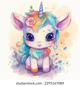 A cute baby unicorn, cartoon watercolor white background