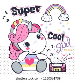 Cute baby unicorn cartoon wearing headphones and listening to music on polka dot background illustration vector.