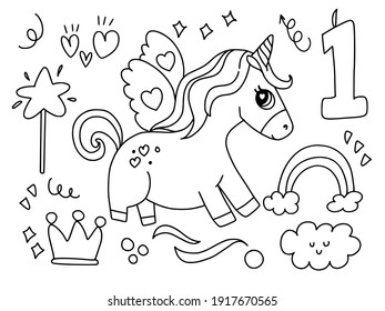 Cute baby unicorn character set cartoon drawing illustration cartoon for coloring