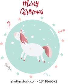 Cute baby unicorn with christmas decorations on white background. Greeting card. 
