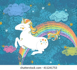 Cute Baby Unicorn. Colorful night sky with rainbow, stars, clouds, freehand doodle  decoration. Hand drawn vector illustration, separated elements.