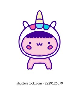 Cute baby in unicorn costume doodle art, illustration for t-shirt, sticker, or apparel merchandise. With modern pop and kawaii style.