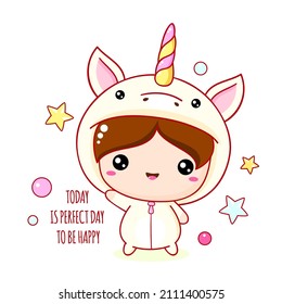 Cute baby in unicorn costume. Today is perfect day to be happy. Banner with affirmation for kids playroom. Motivational quote for greeting card, invitation, poster, nursery, t-shirt. Vector EPS8