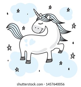 Cute Baby Unicorn Doodle Sketch Fun Blue Cartoon Illustration Character Vector Graphic Designs for textile fashion pattern decorative decoration motif  ornament fashionable other