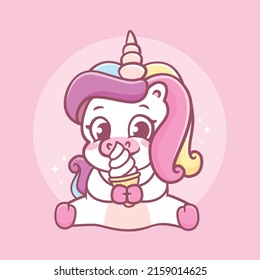 Cute baby unicorn eat ice cream cone cartoon illustration