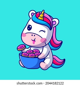 Ilustración del icono del vector de caricaturas de donut de bebé unicornio lindo. Vector Premium Aislado De Icono De Alimentos Animales. Estilo de dibujo plano