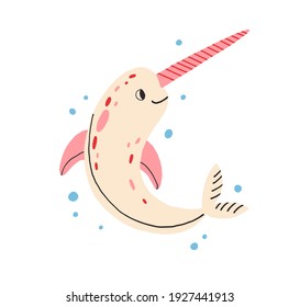 Cute baby unicorn fish or narwhal. Fairy sea animal with horn and happy smiling face isolated on white background. Colored flat vector illustration of childish marine character