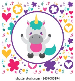 cute baby unicorn flowers heart background vector illustration