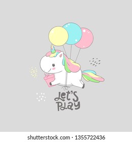 Cute Baby Unicorn Fly on Balloon Dream Card Design. Magic Fantasy Pony Character Holding Gift Box Birthday Banner Can be used for t-shirt print, kids wear fashion design, baby shower invitation card.