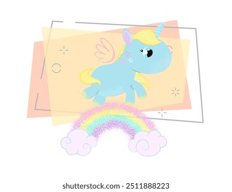 Cute baby unicorn with galloping along rainbow. Magic concept. Vector illustration can be used for topics like fairytale, children, myth, fantasy