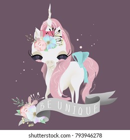 Cute baby unicorn girl princess with flowers, tied bow and ribbon