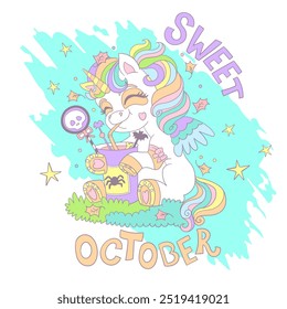 Cute baby unicorn with Halloween sweets. Sweet October lettering. Vector illustration in pastel colors. Cartoon character. Postcards and stickers design. For print, t shirt and clothes design