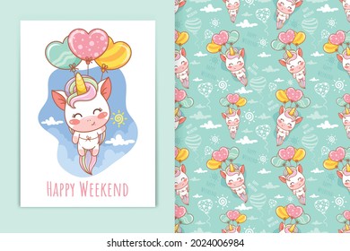 cute baby unicorn holding balloon cartoon illustration and seamless pattern set