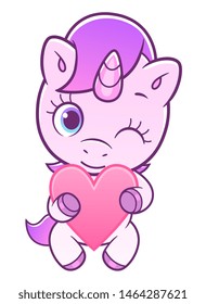 Cute baby unicorn holding heart and winking. Cute unicorn series.