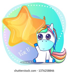 cute baby unicorn holding a star. Can be used for baby t-shirt print, fashion print design, kids wear, baby shower celebration greeting and invitation card. - Vector