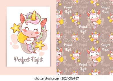 cute baby unicorn hugging moon cartoon illustration and seamless pattern set