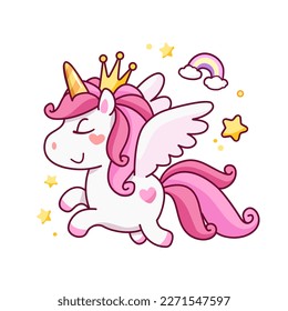 Cute Baby Unicorn kids print design. Cartoon Unicorn Princess with pink hair and  crown and wings. Baby Pony Princess for kids print design on tee shirt or pajamas