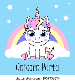 Cute baby unicorn and  lettering. Vector illustration. Birthday invitation.
