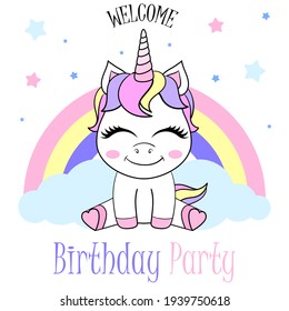 Cute baby unicorn and  lettering. Vector illustration. Birthday invitation.
