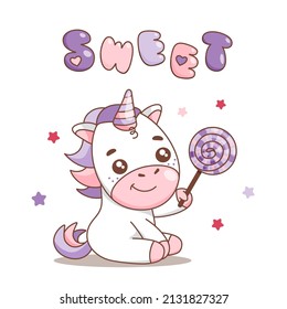 Cute baby unicorn with lollipop swirl sitting and smiling. Element for print, postcard and poster. Vector illustration