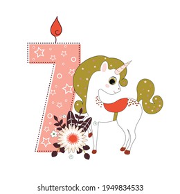 Cute baby unicorn with number seven. Vector illustration for baby shower, greeting card, party invitation, fashion clothes t-shirt print. Happy Birthday concept