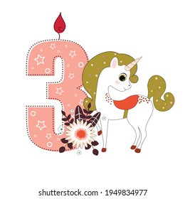 Cute baby unicorn with number three. Vector illustration for baby shower, greeting card, party invitation, fashion clothes t-shirt print. Happy Birthday concept