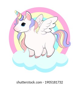 Cute baby unicorn on the cloud. Isolated vector illustration.