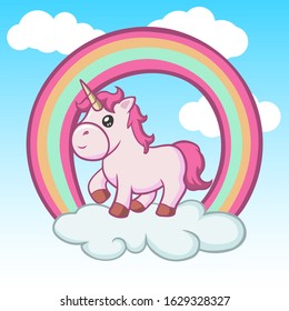 Cute baby unicorn on clouds and rainbow