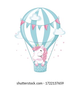 Cute baby unicorn on a hot air balloon. Vector illustration for baby shower, greeting card, party invitation, fashion clothes t-shirt print.