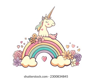 Cute baby unicorn on rainbow with clouds, flowers. Kawaii character magic animal with horn. Vector cartoon illustration for birthday card design in pastel color. Delicate invitation with unicorns 