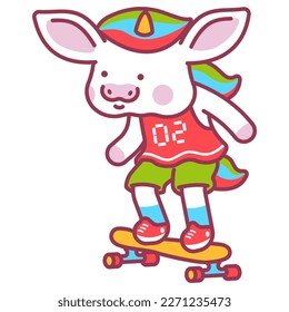 Cute baby unicorn on skateboard vector cartoon character isolated on a white background.