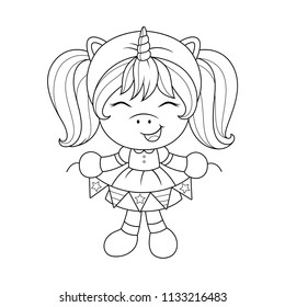 Cute baby unicorn with paper garland, coloring page for girls. Vector.