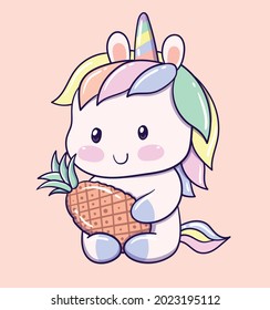 cute baby unicorn and pineapple. vector.