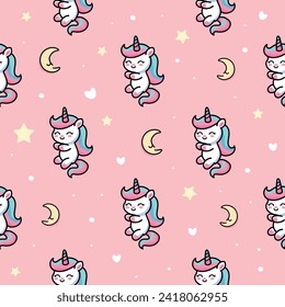 Cute baby unicorn, and pink background decoration. Seamless repeating pattern texture background design for fashion fabrics, textile graphics, prints etc