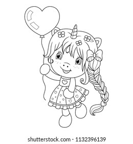 Cute baby unicorn playing with heart shape ballon, coloring page for girls. Vector illustration isolated on white background.