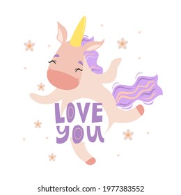 cute baby unicorn print. I love you, valentine. cute magical pastel animal.