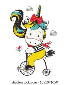 Cute baby Unicorn riding a bicycle.cartoon hand drawn illustration. Can be used for baby t shirt print, fashion print design, kids wear, baby shower celebration greeting and invitation card. -Vector