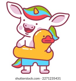 Cute baby unicorn with rubber ring vector cartoon character isolated on a white background.