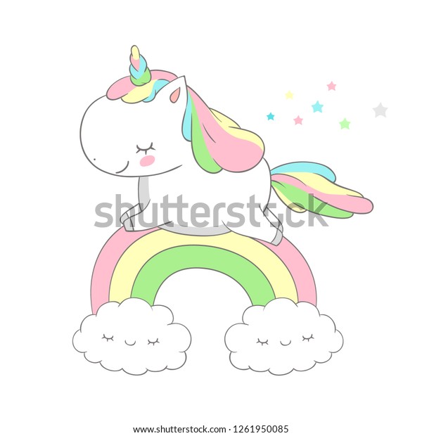 Cute Baby Unicorn Run Above Rainbow Stock Vector (Royalty Free ...