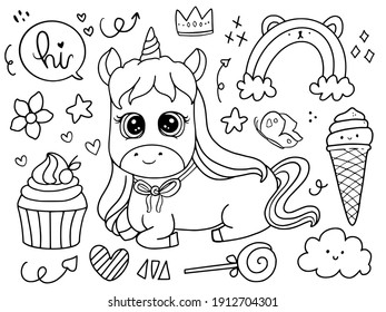Cute baby unicorn sitting with cupcake doodle drawing coloring page illustration cartoon for kids collection set