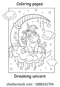 Cute baby unicorn sitting on moon in the night sky. Coloring book page. Vector cartoon illustration isolated on white background. For coloring book, preschool education, print and game.