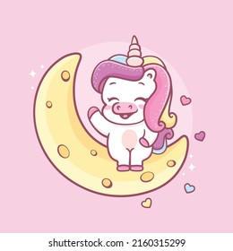 Cute baby unicorn sitting on the moon cartoon