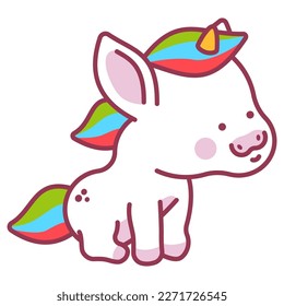 Cute baby unicorn sitting vector cartoon character isolated on a white background.