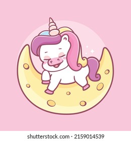 Cute baby unicorn sleep on the moon cartoon 