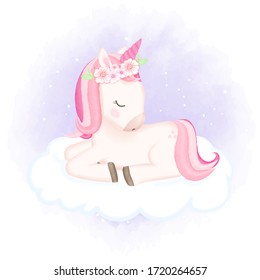 Cute Baby Unicorn sleeping on the cloud hand drawn cartoon animal watercolor illustration