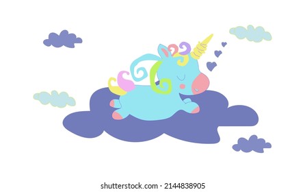 Cute baby Unicorn sleeps on a cloud. A unicorn is a fabulous horse with one horn. vector illustration.eps10. print