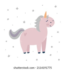 cute baby unicorn with stars on white background. Good for posters, prints, nursery decor, sublimation, stickers, kids apparel and clothing, etc. EPS 10