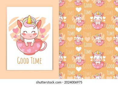 cute baby unicorn with teacup cartoon illustration and seamless pattern set