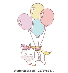 Cute baby unicorn tied with balloon and flew on white background for kids fashion artworks, children books, birthday invitations, greeting cards, posters. Fantasy cartoon vector illustration.